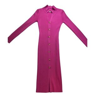 ACOA Ribbed Knit Button Front Midi Dress Pink Long Sleeve Mock Neck‎ Size S